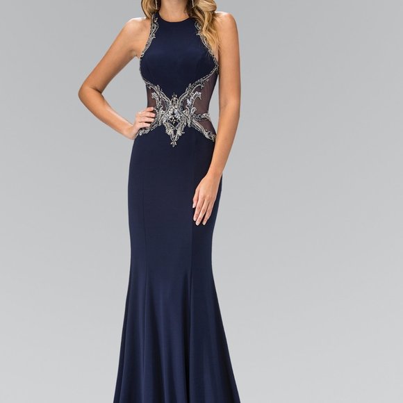 NEW NAVY PROM PARTY - High Neck Sleeveless Evening Dress GSGL1357